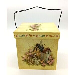 7" Primitive Farmhouse Spring Decor Nesting Box Birdhouse Floral Wire Handle